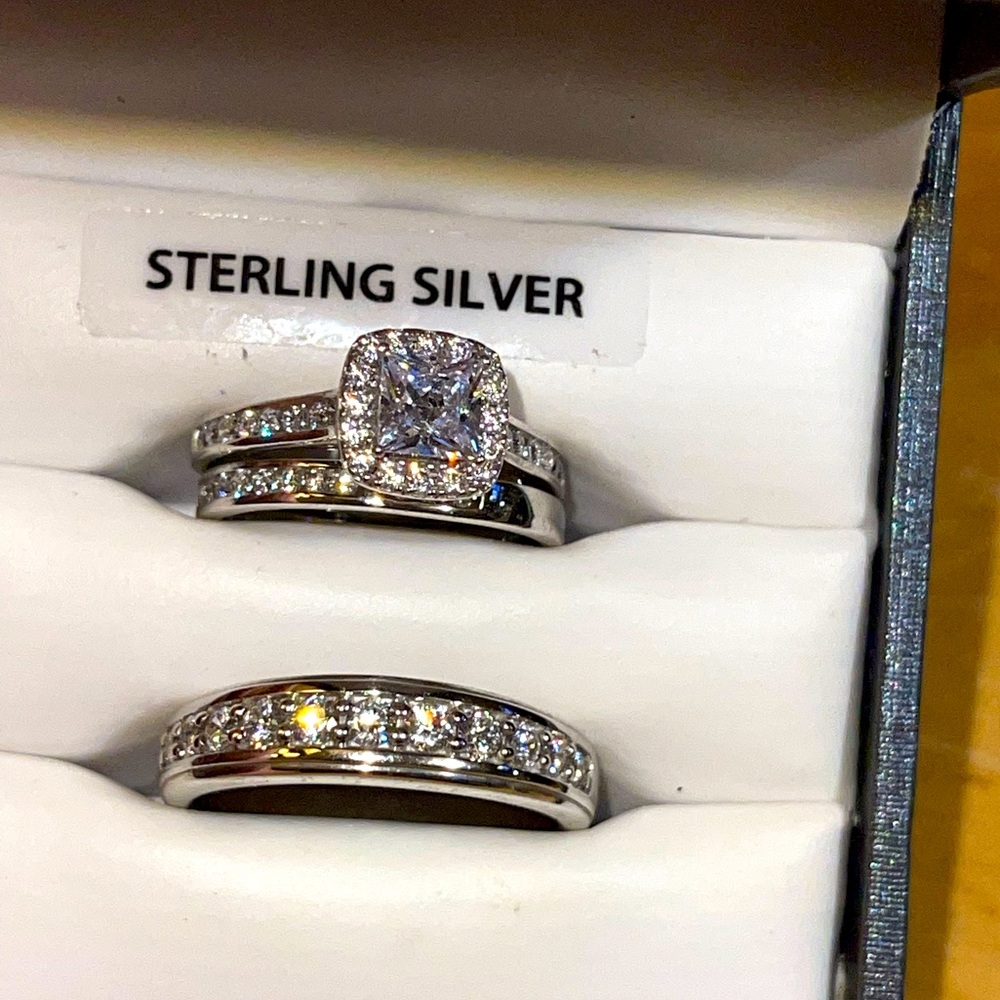 Brilliance Fine Jewelry Sterling Silver Diamond Halo Cushion Trio Ring Set